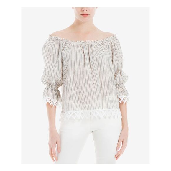 MAX STUDIO Womens Beige Striped 3/4 Sleeve Off Shoulder Peasant Top Size: S - Picture 1 of 4